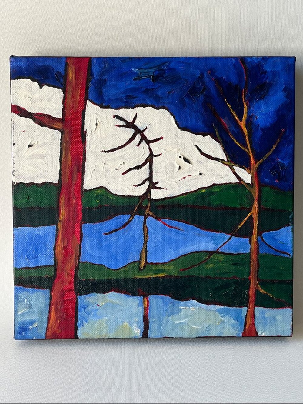 Original Expressionist Northern Lake Landscape Oil Painting on Canvas 9.75"
